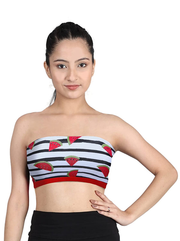 Double-Layer Cotton Strapless Bra | Non-Padded Bandeau Bra | Red Watermelon Print