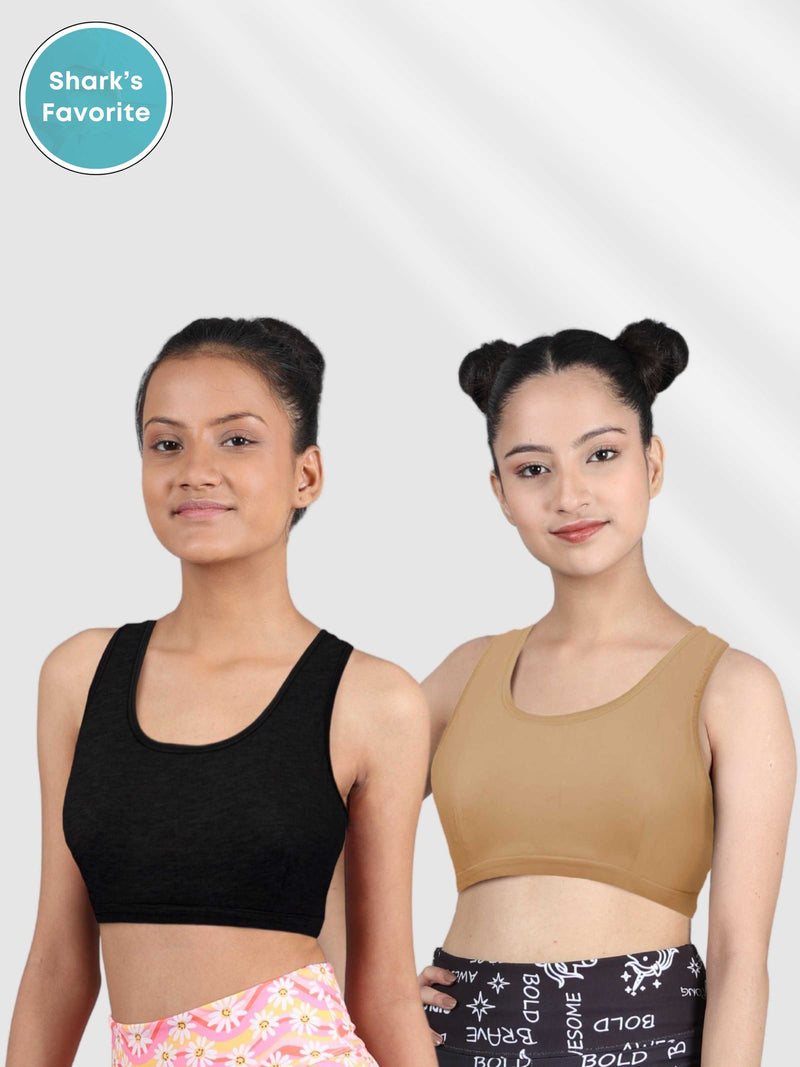 Double-layer Thin Strap Cotton Teen Girls' Sports Bra | Non Padded Beginner  Bra | Printed & Solid Bra Pack of 2