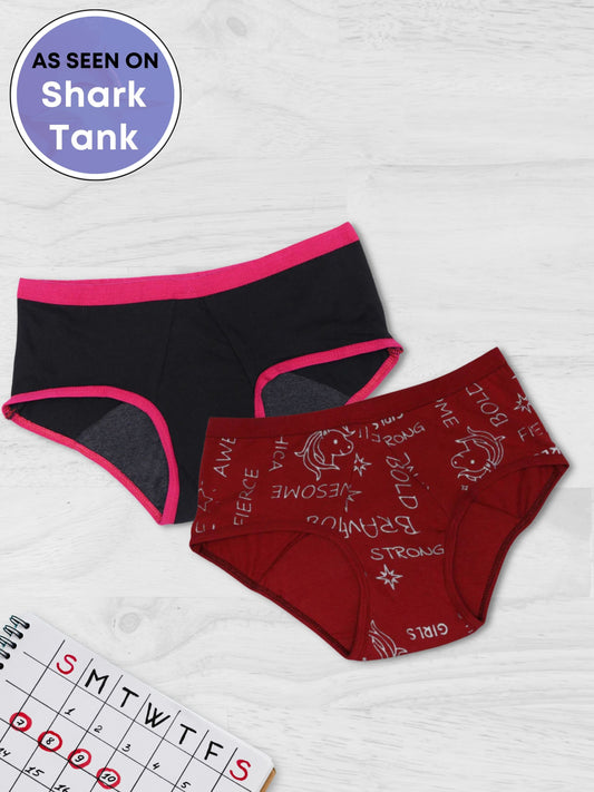 Eco Friendly Anti Microbial Lining Period Panties For Teenagers Black & Maroon Printed, No Pad Required Pack of 2