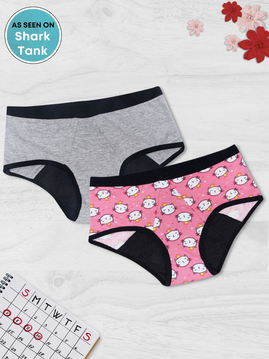 D'chica Eco-Friendly Anti-Microbial Lining Period Panties No Pad Required, Grey & Kitty Print