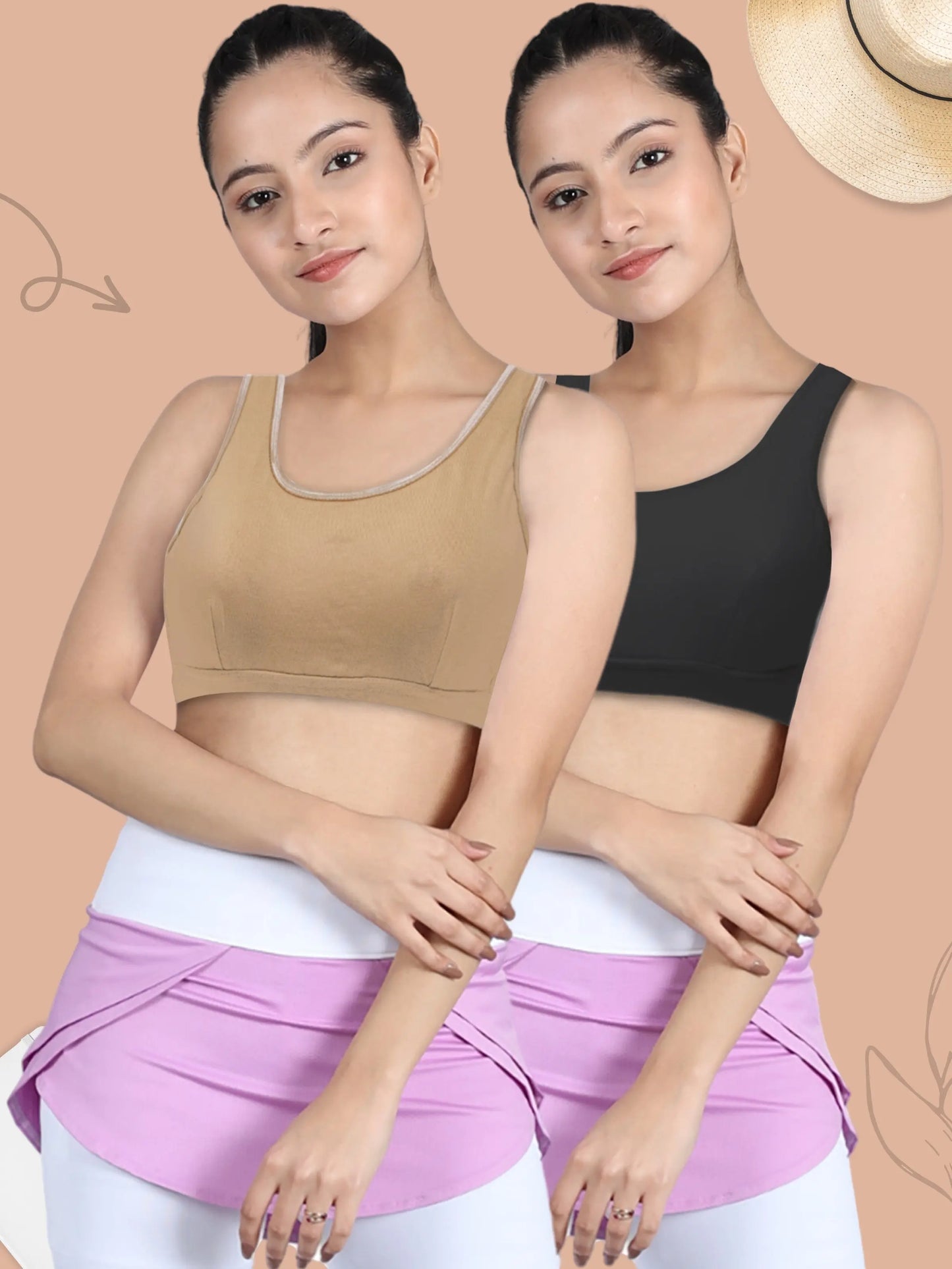 Cotton Athletic Bra with Double-Layer Broad Strap | Non-Padded | Solid Bra Set-of-2-