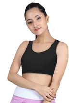 Double-Layer Broad Strap Cotton Yoga Bra | Non-Padded Beginner Bra | Solid Black