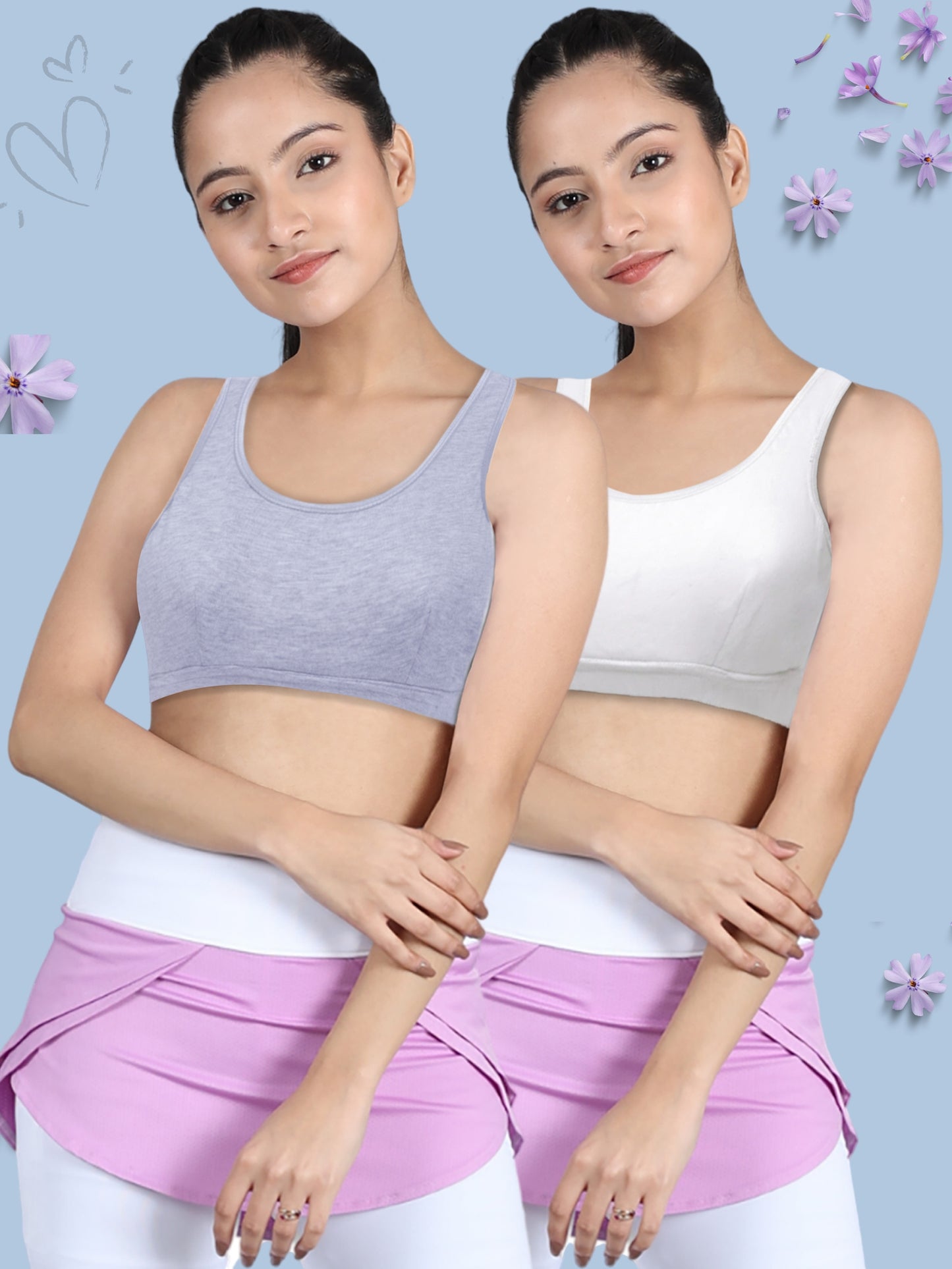 Double-layer Broad Strap Cotton Sports Bra | Non Padded Beginner Bra | Solid Bra Pack-of-2