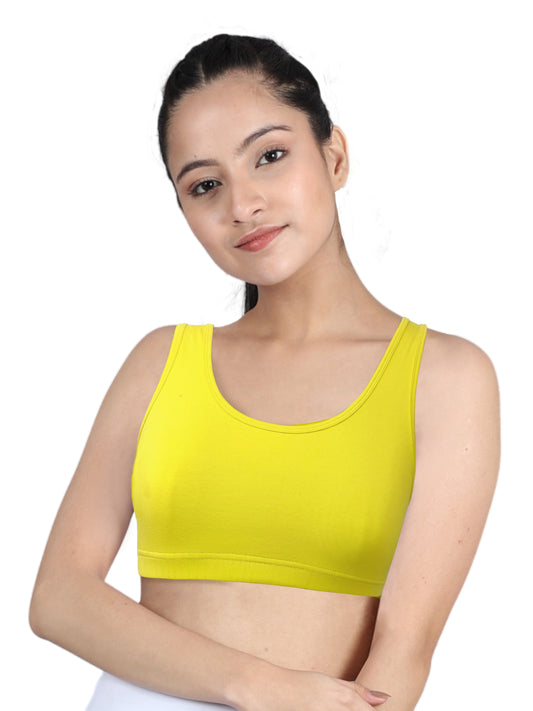 DOUBLE-LAYER BROAD STRAP COTTON SPORTS BRA | NON-PADDED BEGINNER BRA | NEON GREEN