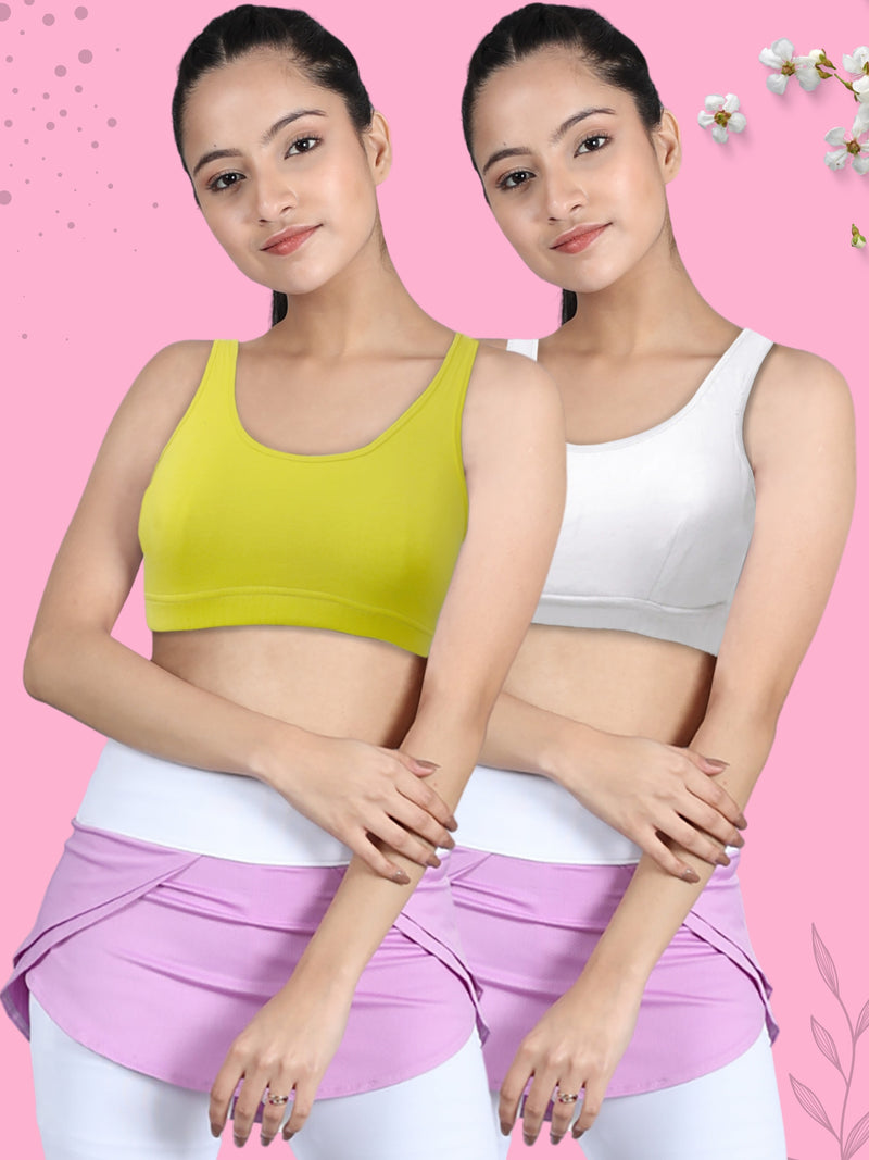 DOUBLE-LAYER BROAD STRAP COTTON SPORTS BRA | NON-PADDED BEGINNER BRA | NEON GREEN & WHITE