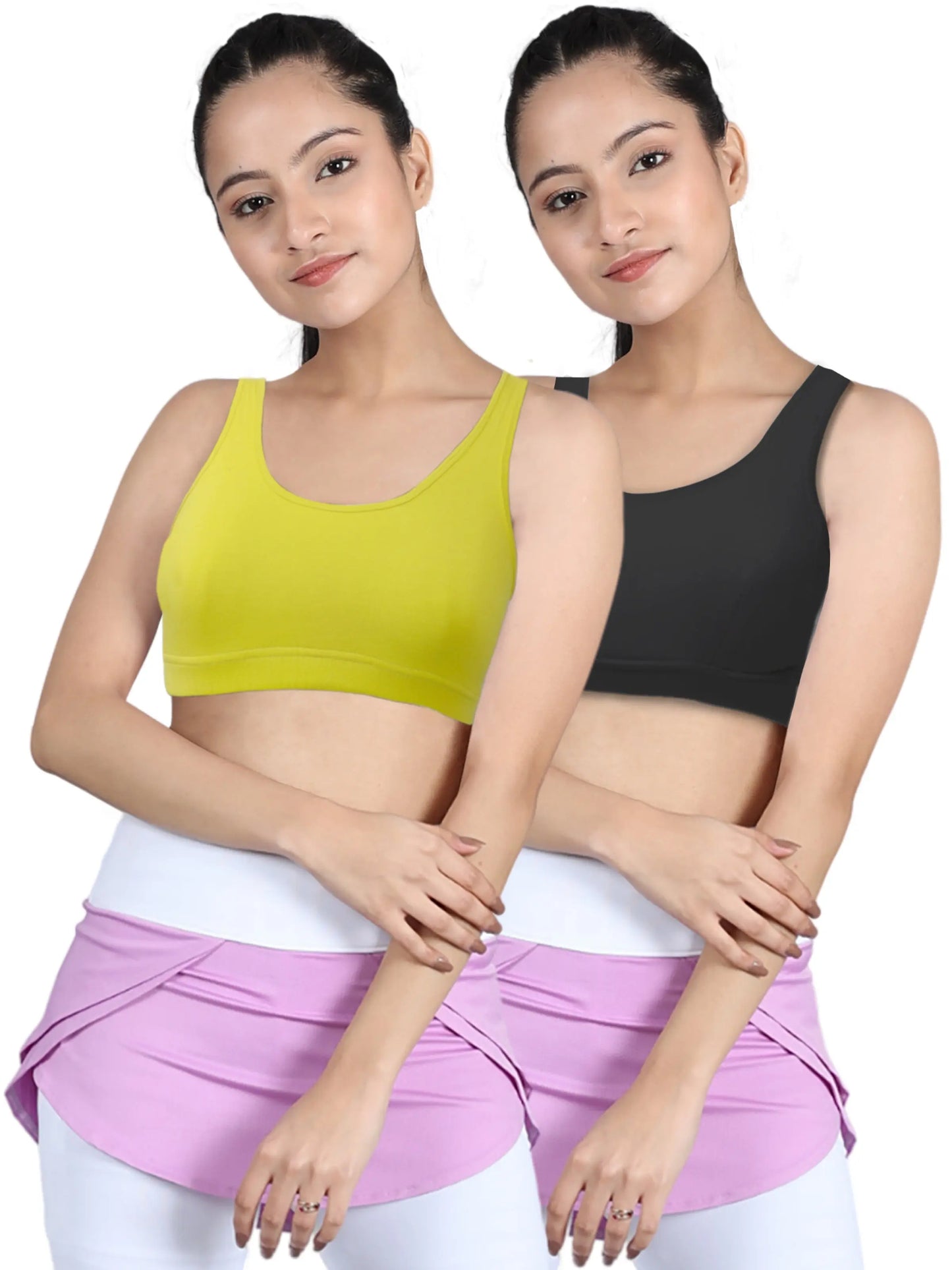 DOUBLE-LAYER BROAD STRAP COTTON SPORTS BRA | NON-PADDED BEGINNER BRA | NEON GREEN & BLACK