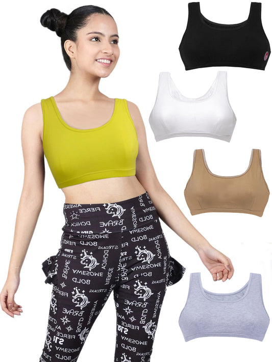 DOUBLE-LAYER BROAD STRAP COTTON SPORTS BRA | NON-PADDED BEGINNER BRA | MULTICOLOUR