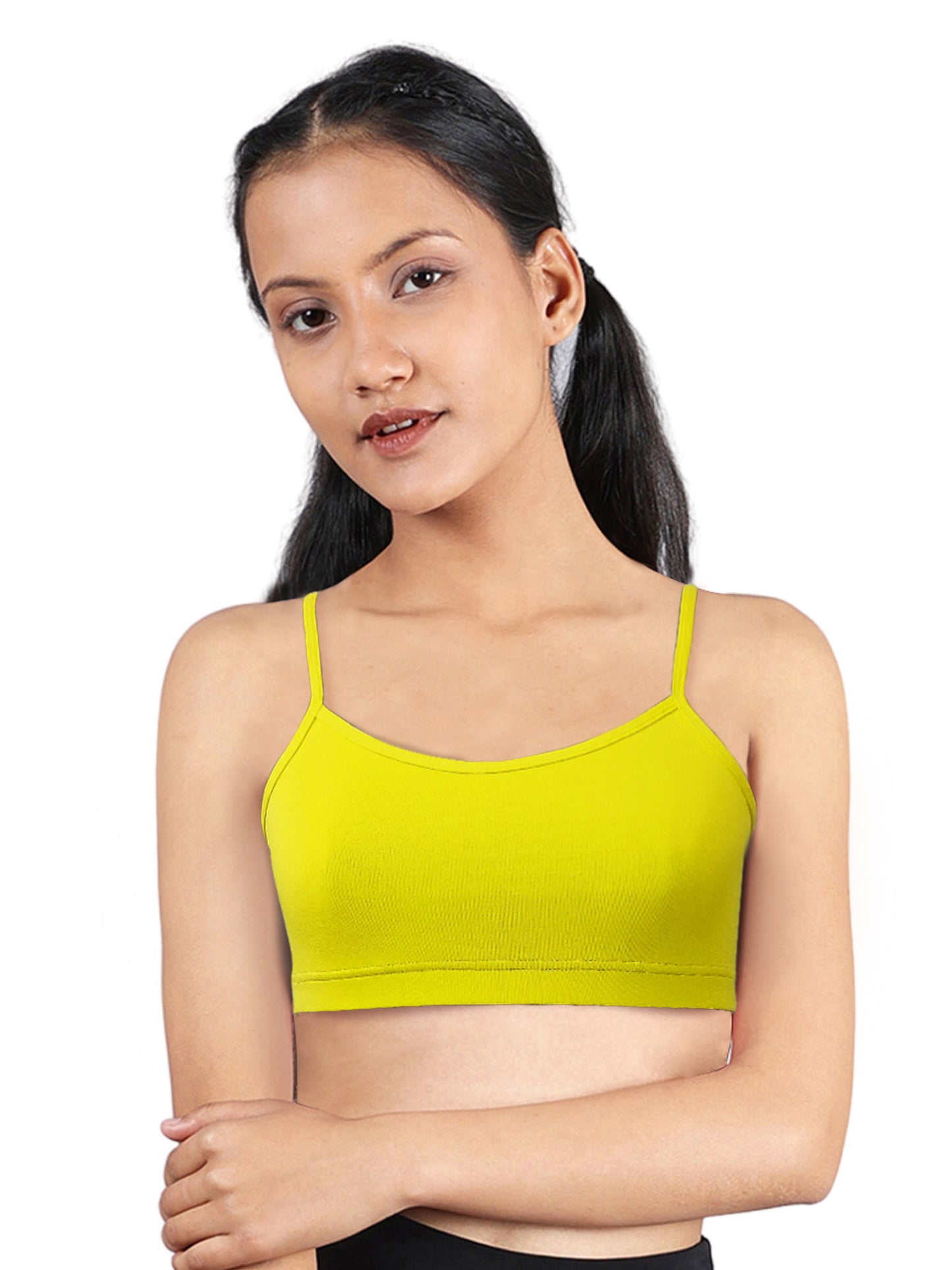 DOUBLE-LAYER THIN STRAP COTTON ATHLETIC BRAS | NON-PADDED BEGINNER BRA | NEON GREEN