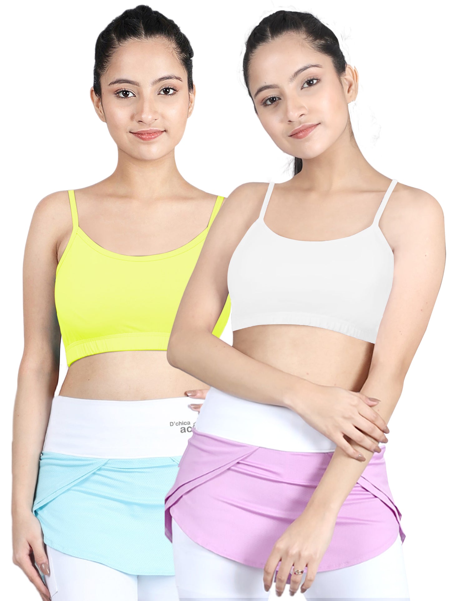 DOUBLE-LAYER THIN STRAP COTTON ATHLETIC BRAS | NON-PADDED BEGINNER BRA | NEON GREEN & WHITE