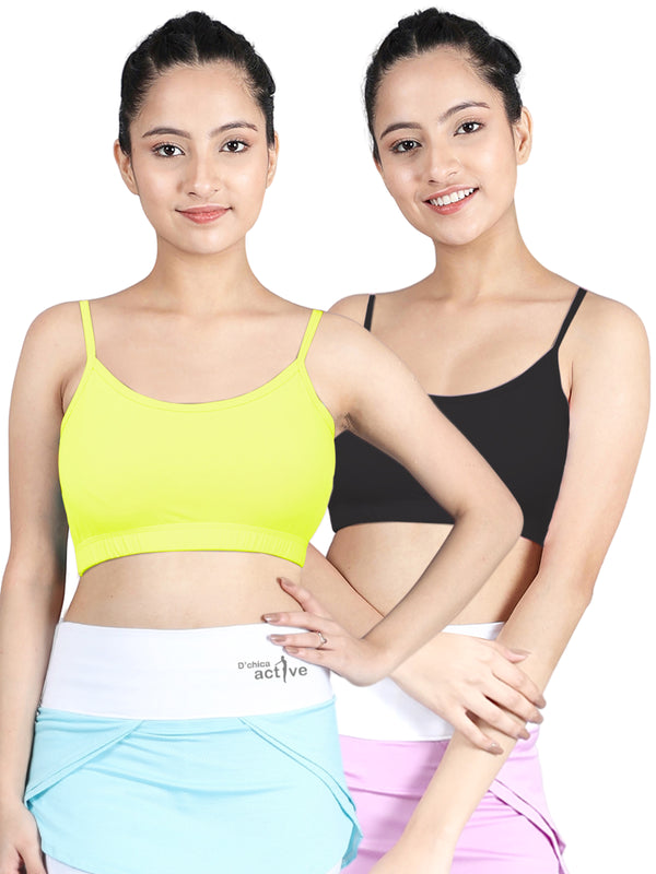 DOUBLE-LAYER THIN STRAP COTTON ATHLETIC BRAS | NON-PADDED BEGINNER BRA | NEON GREEN & BLACK