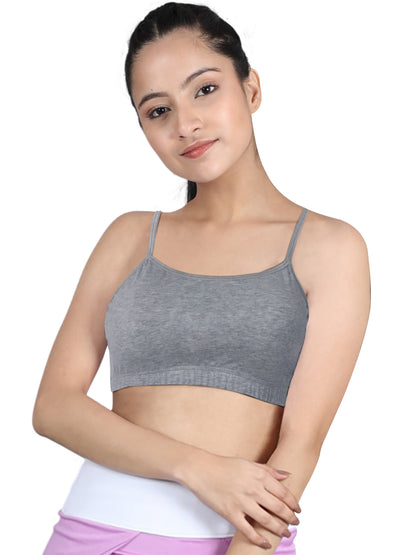 DOUBLE-LAYER THIN STRAP COTTON ATHLETIC BRAS | NON-PADDED BEGINNER BRA | GREY