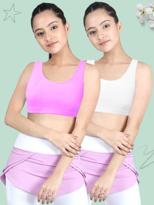 Double-Layer Thin Strap Cotton Athletic Bra | Non-Padded Beginner Bra | NEON GREEN & WHITE