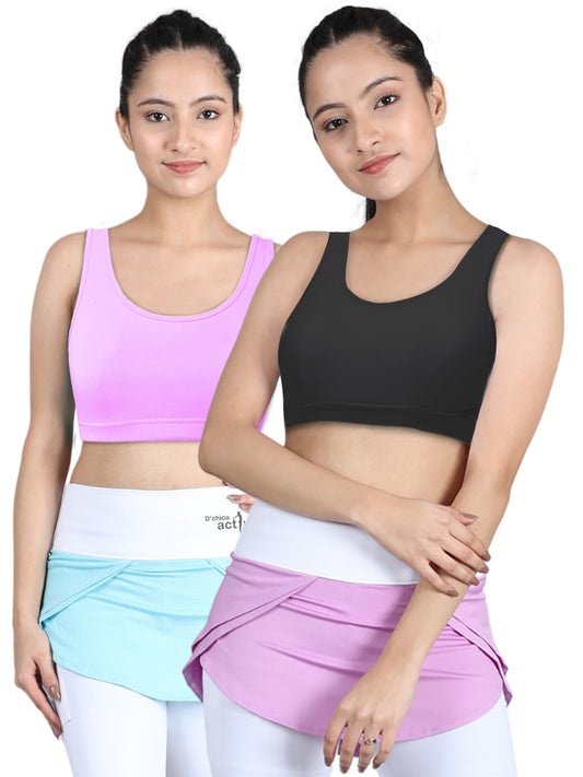 Double-Layer Thin Strap Cotton Athletic Bra | Non-Padded Beginner Bra | NEON GREEN & BLACK