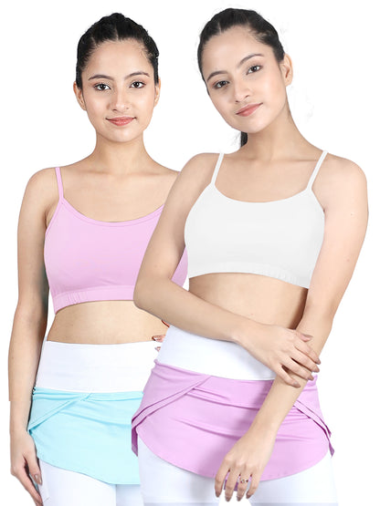 Double-Layer Thin Strap Cotton Athletic Bra | Non-Padded Beginner Bra | NEON GREEN & WHITE