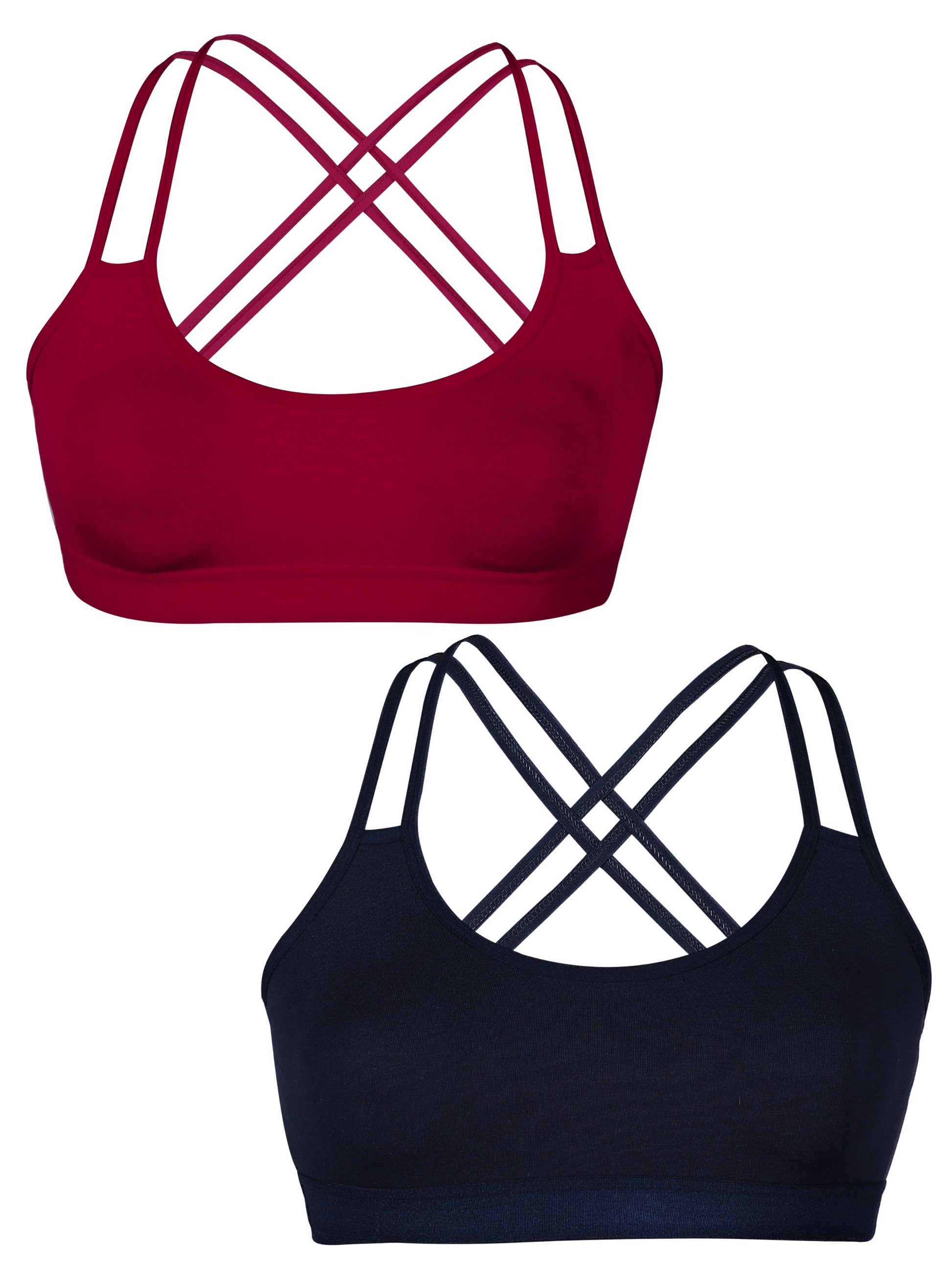 Criss Cross Back Cotton Sports Bra For Women | Removable Pads | Elasticated Underband | Good Support | Full Coverage Bra Pack Of 2 | Maroon & Navy Blue Workout Bra - D'chica