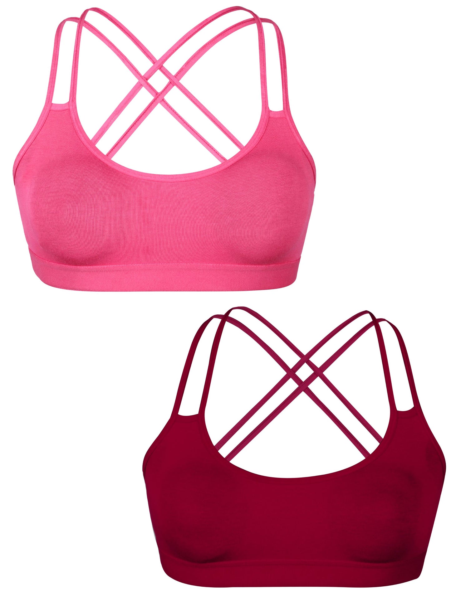 Criss Cross Back Cotton Sports Bra For Girls | Removable Pads | Elasticated Underband | Good Support | Full Coverage Bra Pack Of 2 | Coral & Maroon Workout Bra - D'chica