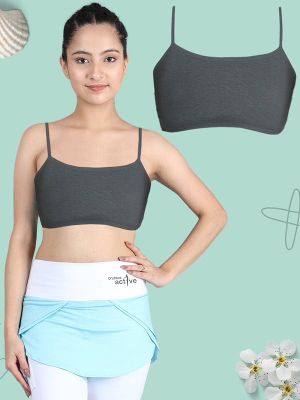 SINGLE LAYERED THIN STRAP NON-WIRED FULL COVERAGE COTTON STARTER BRA | DARK GREY