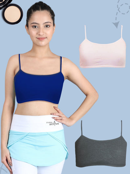 SINGLE LAYERED THIN STRAP NON-WIRED FULL COVERAGE COTTON STARTER BRA | GREY, BLUE & PINK