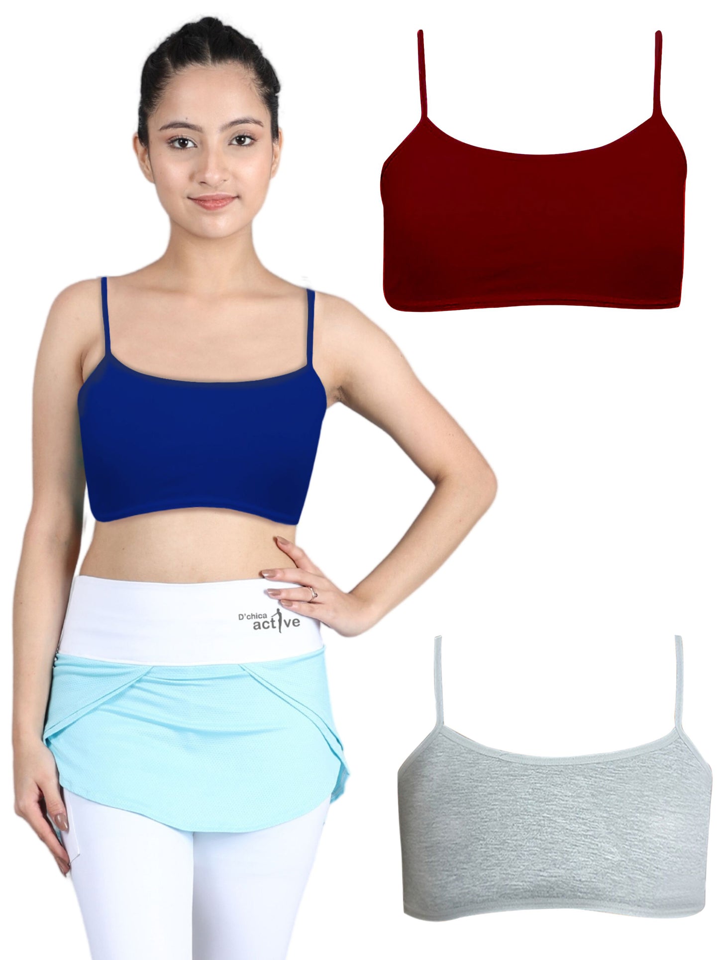 SINGLE LAYERED THIN STRAP NON-WIRED FULL COVERAGE COTTON STARTER BRA | GREY, BLUE & MAROON