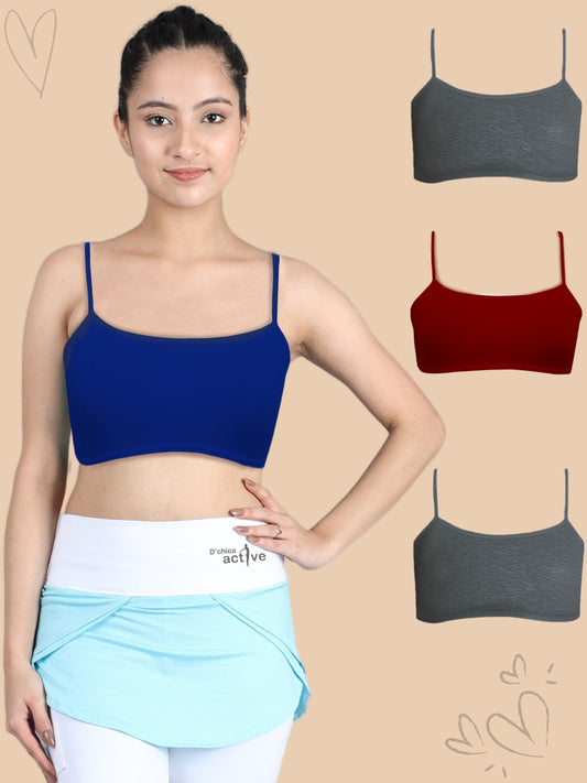 SINGLE LAYERED THIN STRAP NON-WIRED FULL COVERAGE COTTON STARTER BRA | GREY, BLUE & MAROON