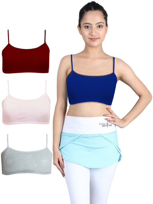 SINGLE LAYERED THIN STRAP NON-WIRED FULL COVERAGE COTTON STARTER BRA | GREY, BLUE, MAROON & PINK