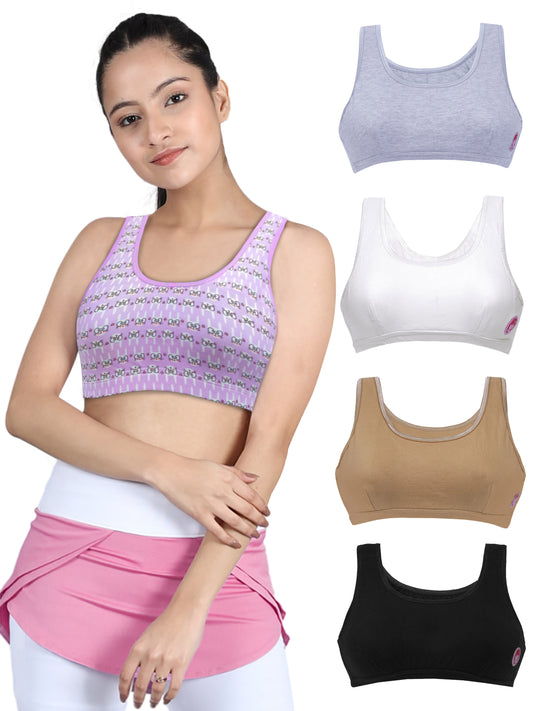 Double-layer Broad Strap Cotton Gym Bra | Non Padded Beginner Bra | Bunny Printed & Solid Bras