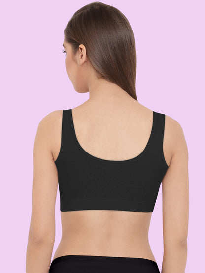 Broad Strap Cotton Gym Bra for Girls  | Removable Pads | Elasticated Underbrand | Good Support | Full Coverage Pack of 1 | Black Sports Bra