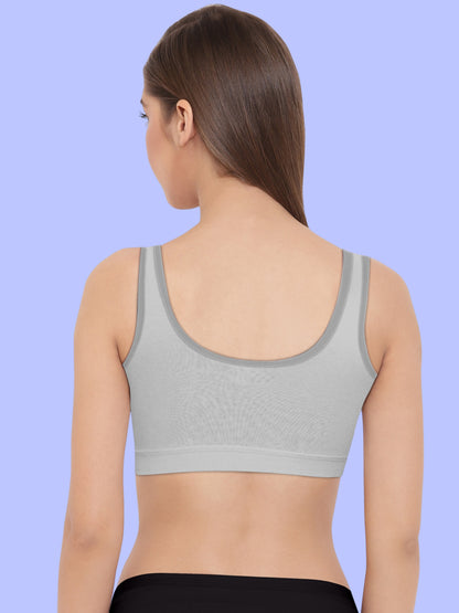 Broad Strap Cotton Gym Bra for Girls  | Removable Pads | Elasticated Underbrand | Good Support | Full Coverage Pack of 1 | Grey Sports Bra