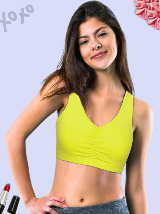 Broad Strap Cotton Gym Bra for Girls  | Removable Pads | Elasticated Underbrand | Good Support | Full Coverage Pack of 1 | Neon Green Sports Bra