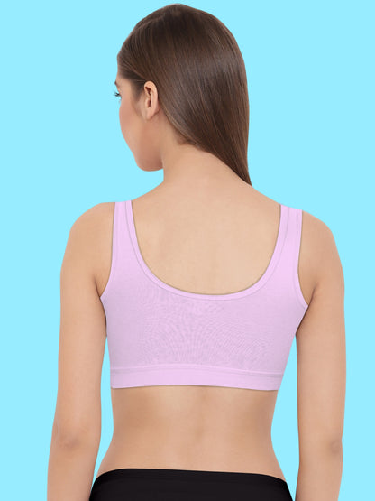 Broad Strap Cotton Gym Bra for Girls  | Removable Pads | Elasticated Underbrand | Good Support | Full Coverage Pack of 1 | Lilac Sports Bra