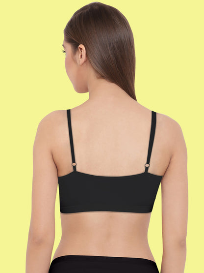 Thin Strap Cotton Padded Sports Bra  for Girls  | Removable Pads | Elasticated Underbrand | Good Support | Full Coverage Pack of 1 | Black Sports Bra