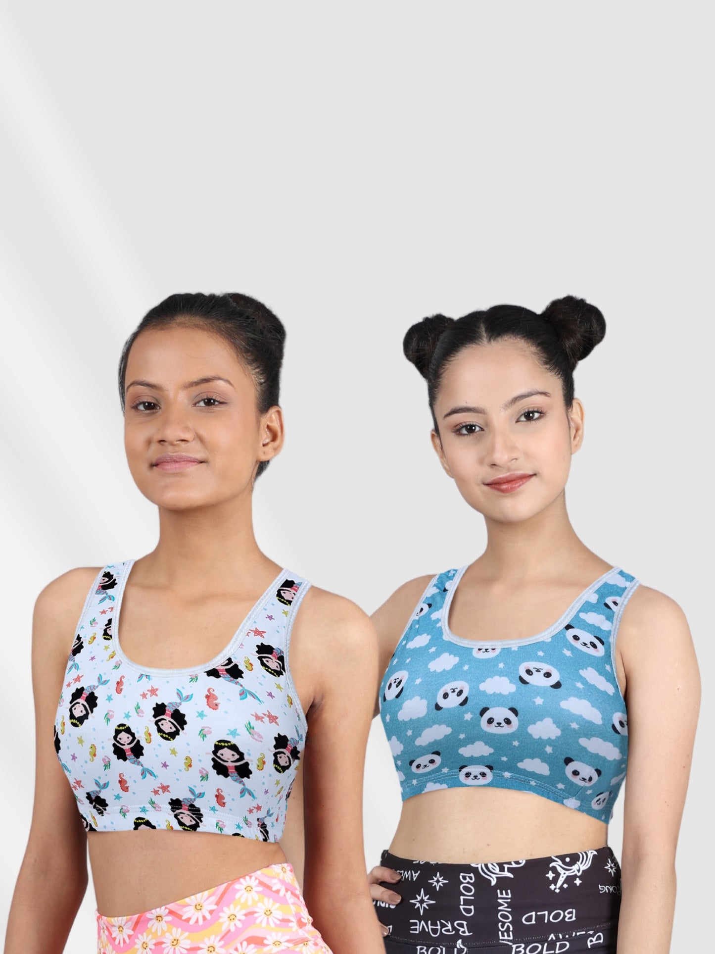 Double-Layer Broad Strap Cotton Sports Bra | Non-Padded Beginner | Printed Design