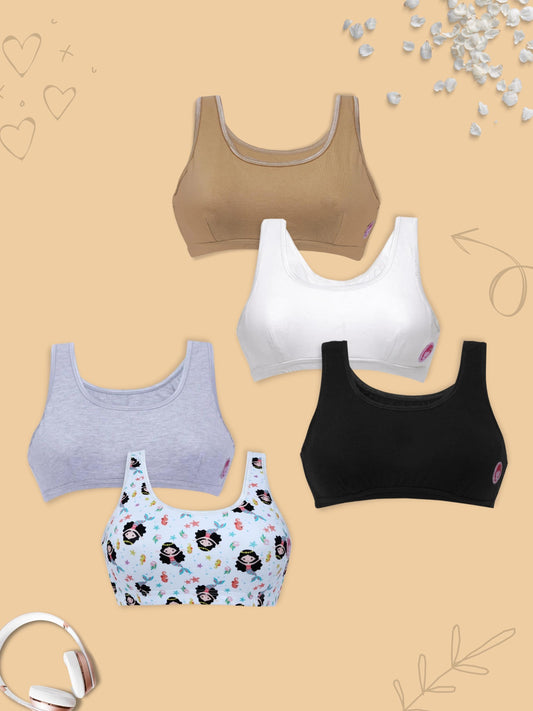 Double-Layer Broad Strap Cotton Fitness Bras | Non-Padded Beginner Bra | Printed & Solid Bra