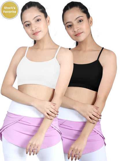 Double-layer Thin Strap Cotton Sports Bra | Non Padded Beginner Bra | Black & White Solid