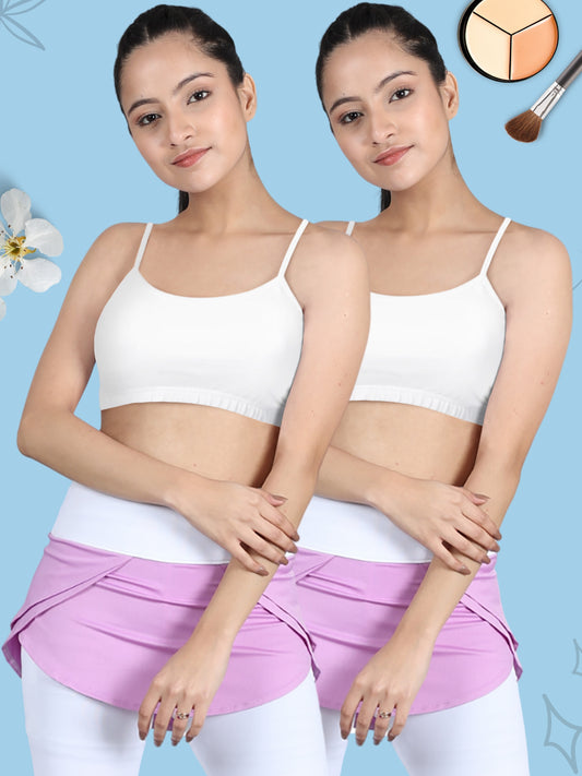 Thin Strap Cotton Athletic Bra | Double-layer Design | Non Padded | Solid White Pack-of-2