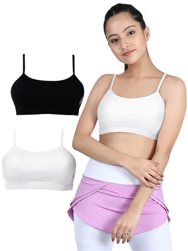 Double-Layer Thin Strap Cotton Athletic Bra | Non-Padded Beginner Bra | White & Black Solid Bras