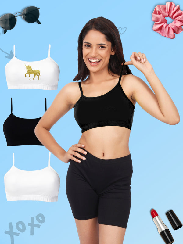 Cotton Double-layer Thin Strap Sports Bra | Non Padded Printed & Solid Bra