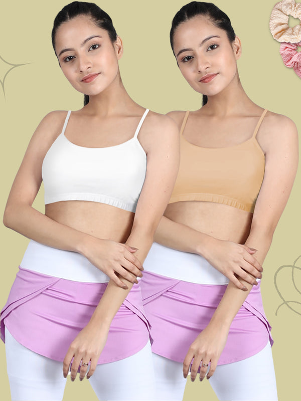 Double-layer Thin Strap Cotton Athletic Bras | Non Padded Beginner Bra For Girls | Solid Bra Pack of 2