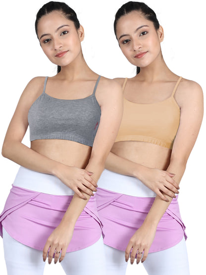 Double-Layer Thin Strap Cotton Gym Bra | Non-Padded Beginner Bra | Solid Bra Pack-of-2