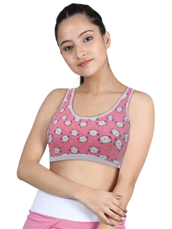 Cotton Sports Bra | Single-Layer Broad Strap | Non-Padded Beginner Bra | Kitty Print