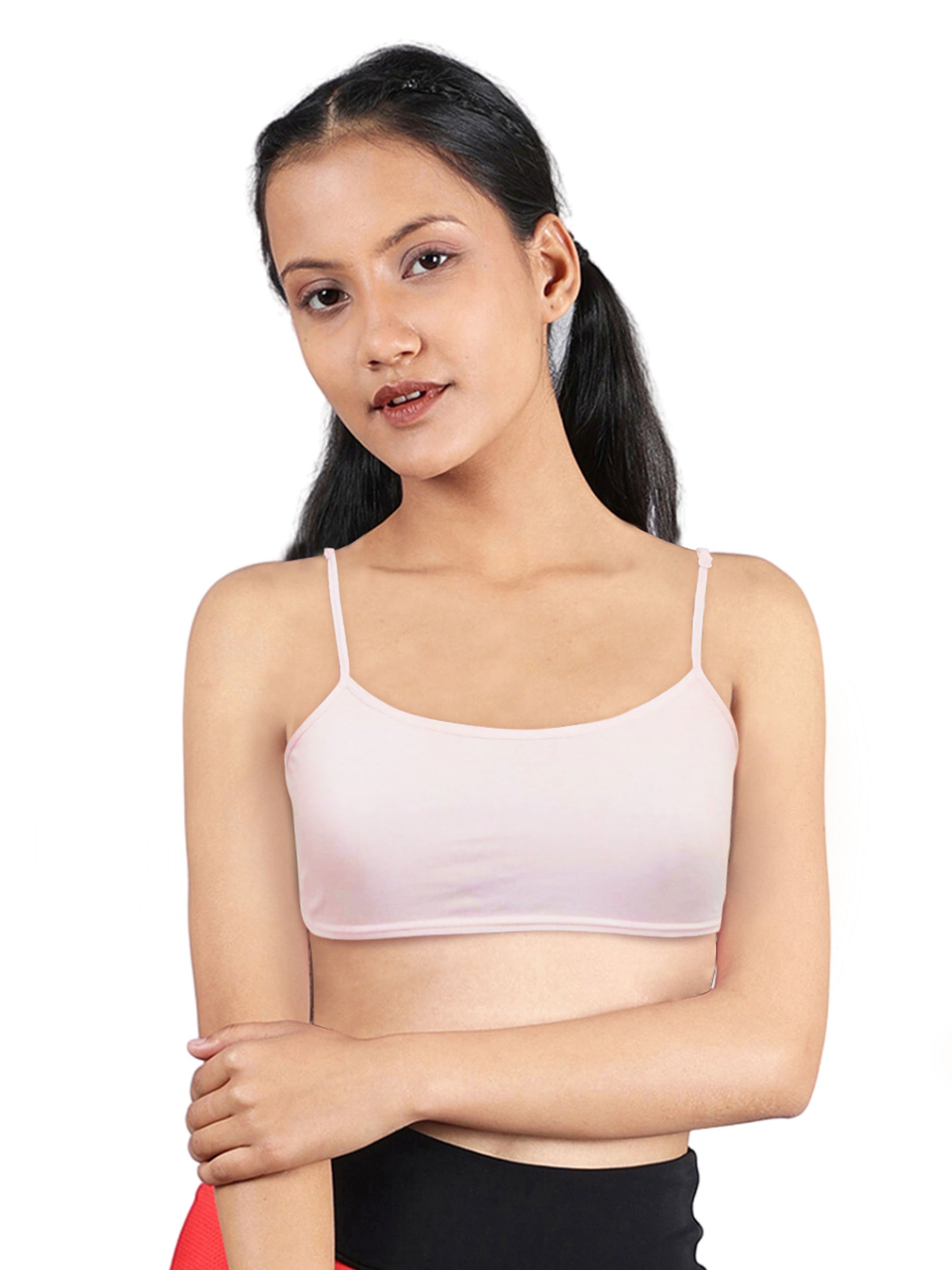 Girls Single Layered Thin Strap Non Wired Full Coverage Cotton Everyday Bra | Pack of 2 Pink & Grey Bra - D'chica