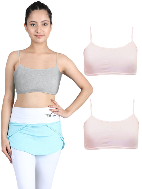 THIN STRAP NON-WIRED FULL COVERAGE COTTON EVERYDAY BRA | SINGLE LAYERED | GREY & PINK