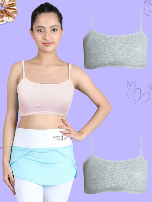 THIN STRAP NON-WIRED FULL COVERAGE COTTON EVERYDAY BRA | SINGLE LAYERED | PINK & GREY