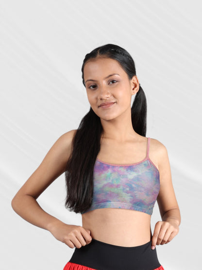 Double-Layer Sports Bra | Thin Strap Cotton & Non-Padded | Tie & Dye Print