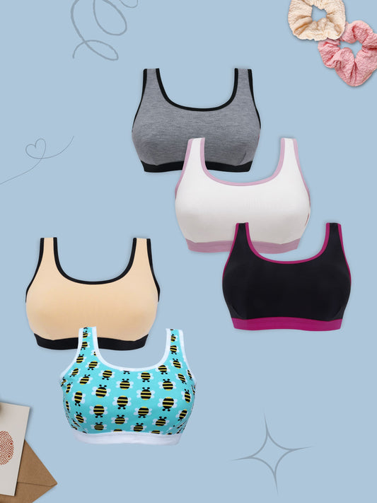 Single-Layer Broad Strap Cotton Sports Bra | Non-Padded Beginner Bra | Printed & Solid Bra