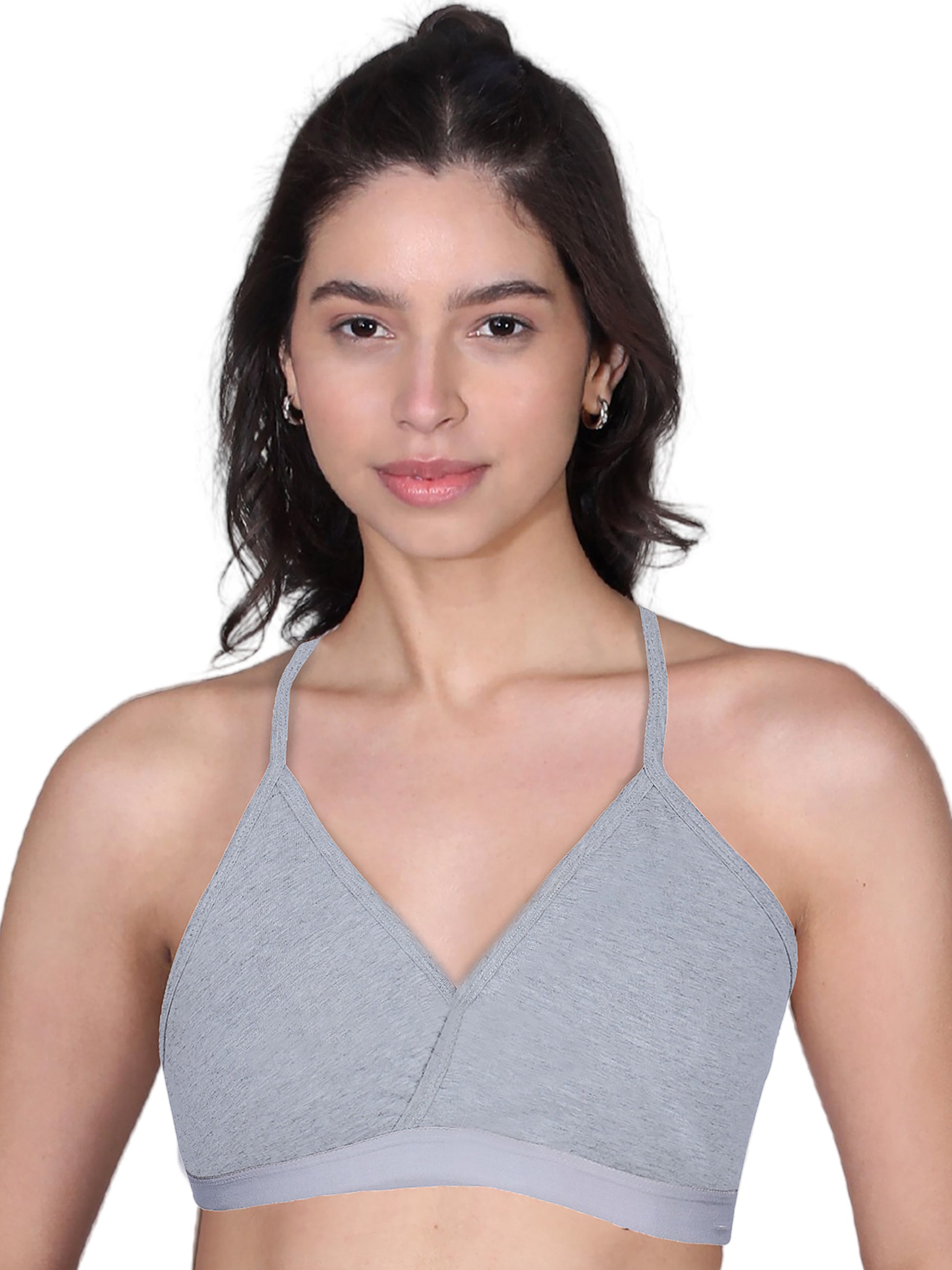 V-Neck Grey Bra with Adjustable Straps & Removable Padding for Everyday Wear