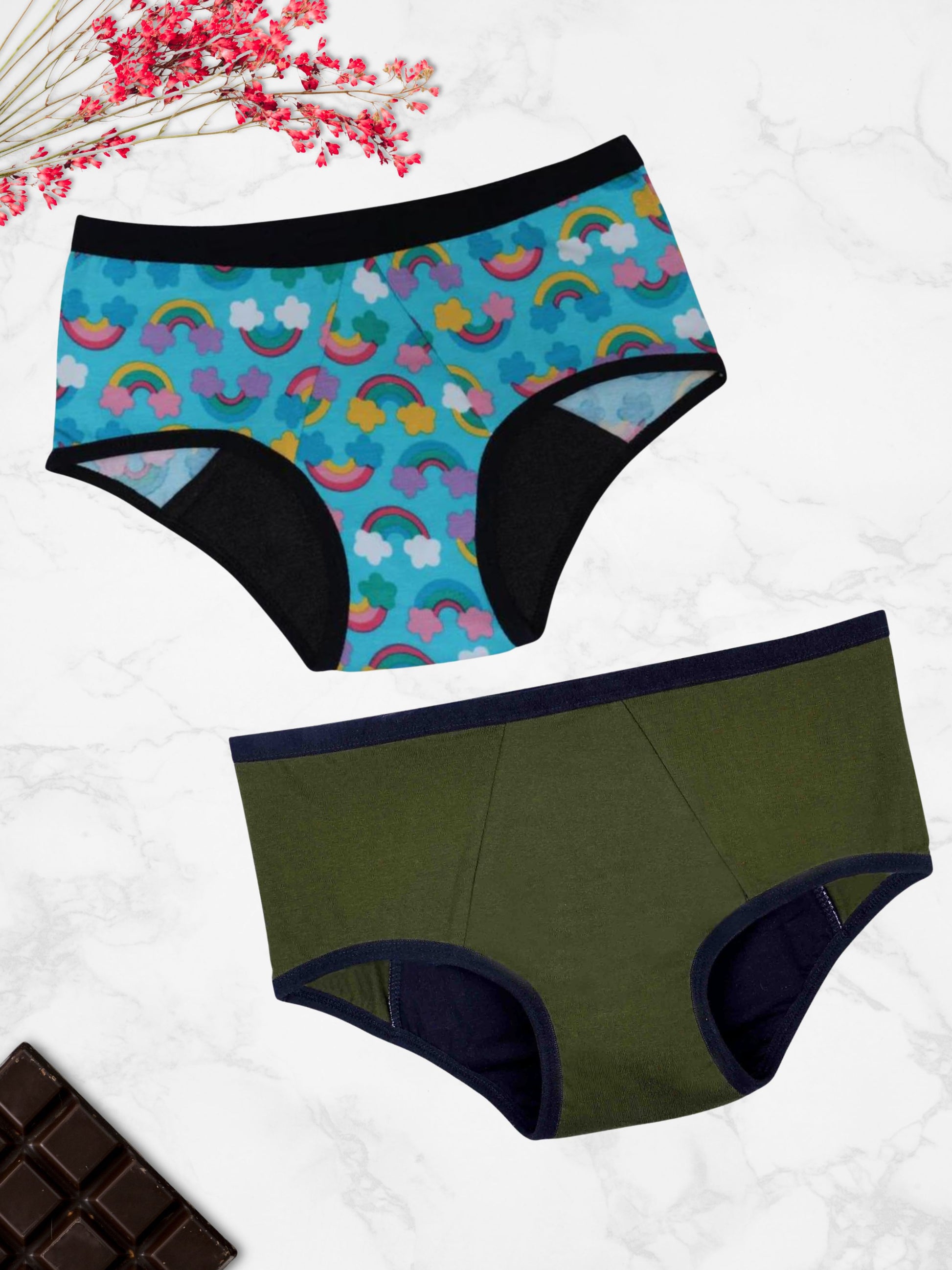 LEAKPROOF & REUSABLE PERIOD UNDERWEAR | RAINBOW BLUE PRINT & GREEN | ANTIMICROBIAL LINING