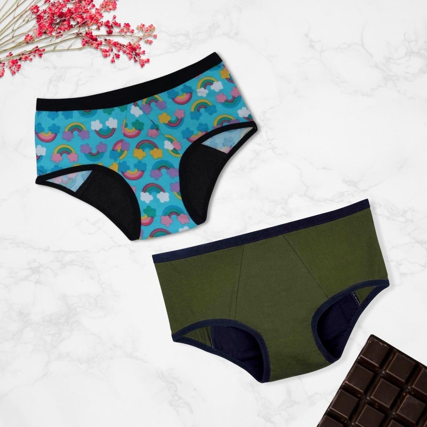 LEAKPROOF & REUSABLE PERIOD UNDERWEAR | RAINBOW BLUE PRINT & GREEN | ANTIMICROBIAL LINING | NO PAD NEEDED