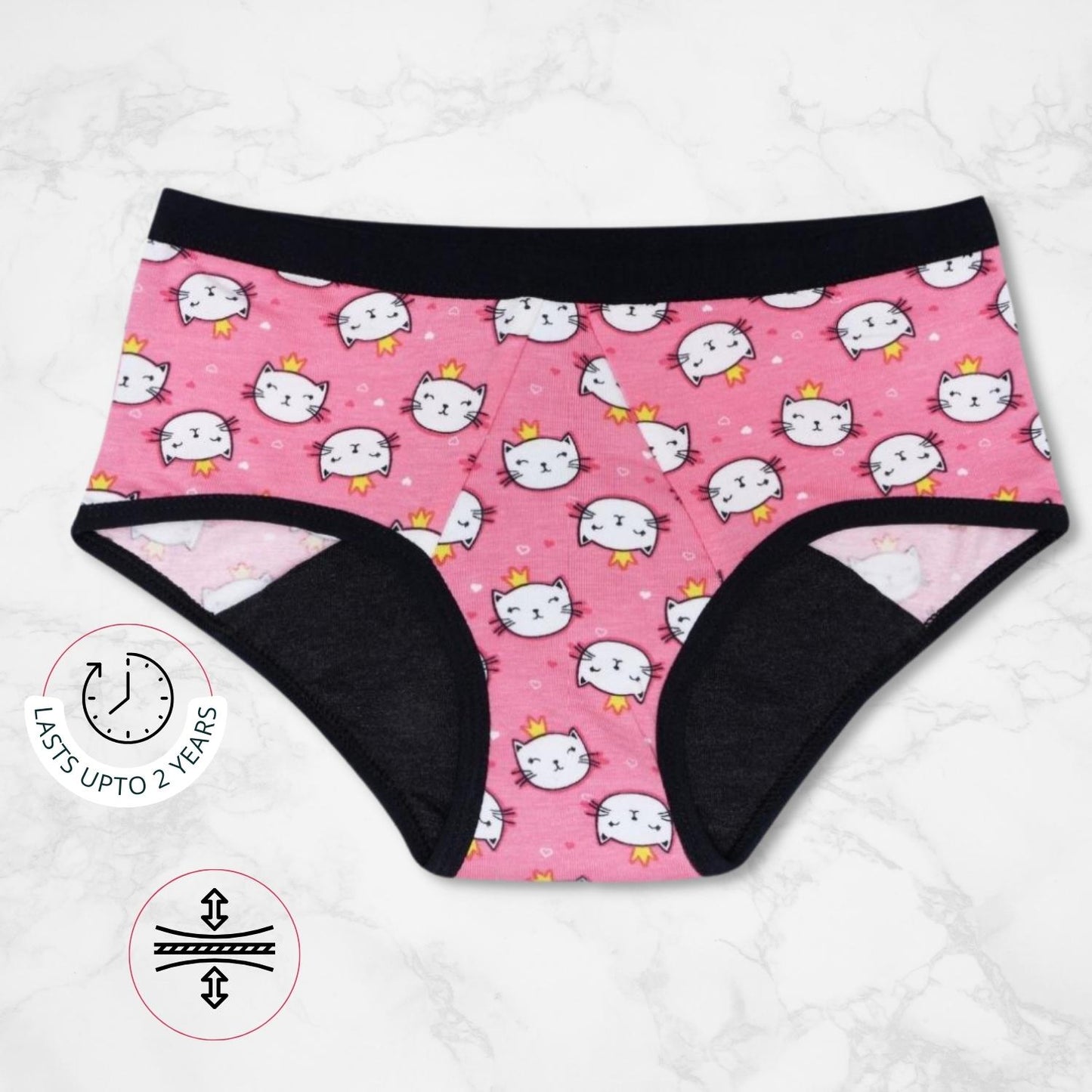 Leakproof & Reusable Blue & Pink Cat Print Period Underwear For Teenager Girls & Womens With Antimicrobial Lining | No Pad Needed | Pack of 2 - D'chica