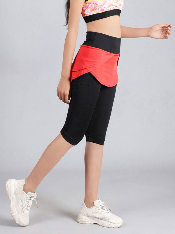 Red High Waist Capri With Attached Skirts & Pocket | Pack of 1 - D'chica